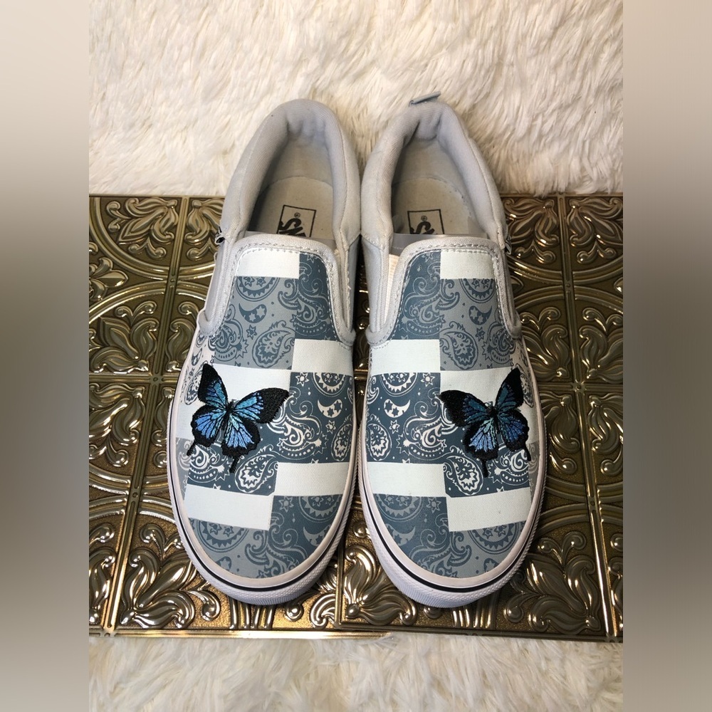 Vans Slip-On Patchwork Sneakers - White and Blue with Butterfly Missy 5 - Picture 3 of 16